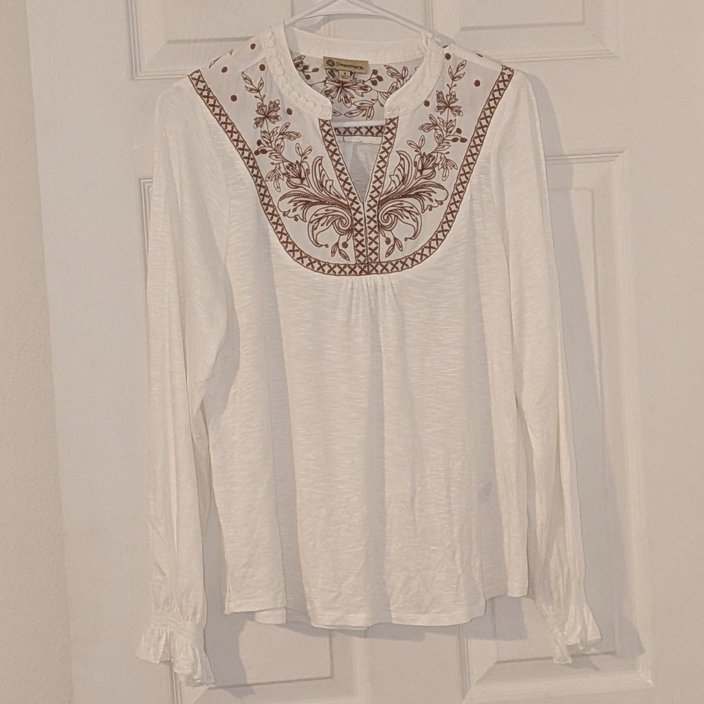 Democracy Womens White Embroidered Slub Knit Long Sleeve Boho Top Small NWOT